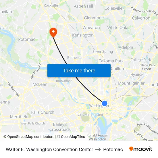 Walter E. Washington Convention Center to Potomac map