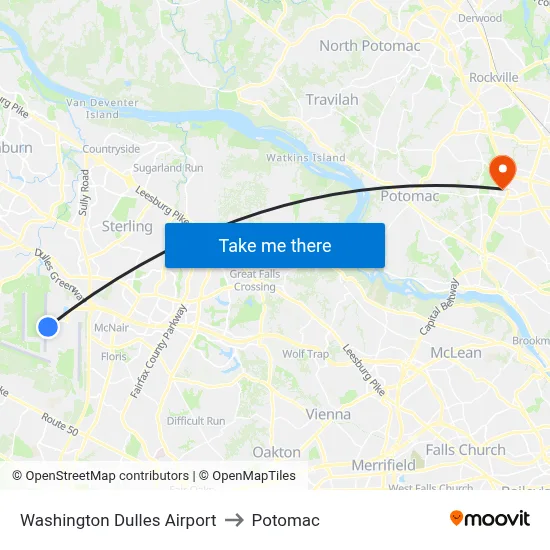 Washington Dulles Airport to Potomac map