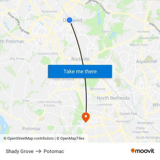 Shady Grove to Potomac map