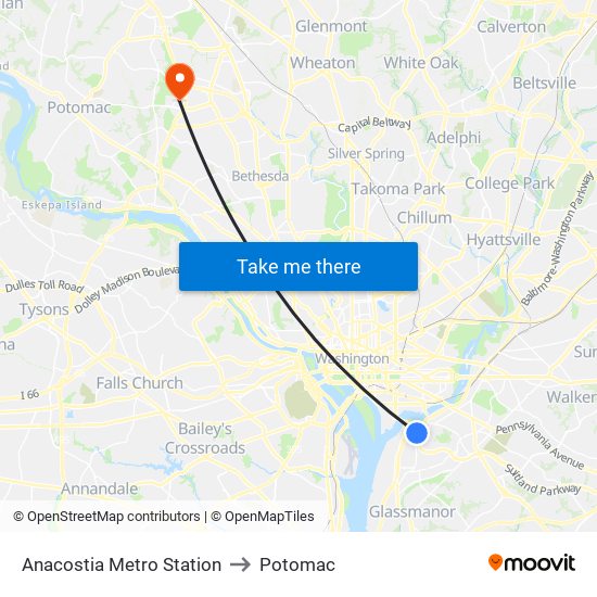 Anacostia Metro Station to Potomac map