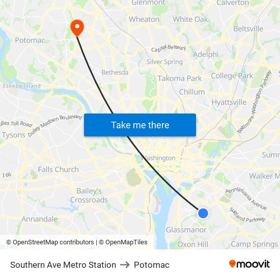 Southern Ave Metro Station to Potomac map