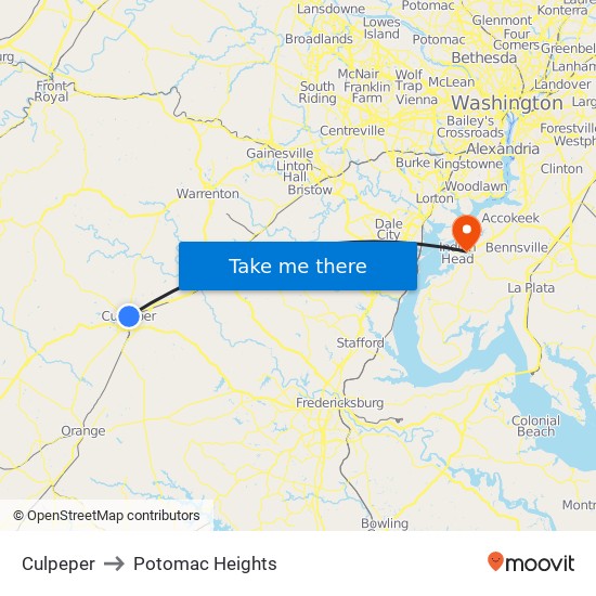 Culpeper to Potomac Heights map