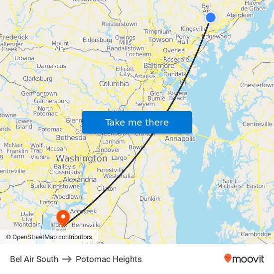 Bel Air South to Potomac Heights map