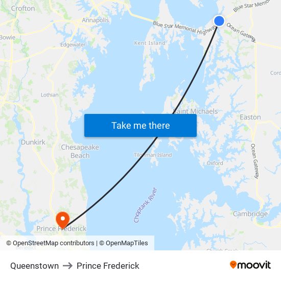 Queenstown to Prince Frederick map