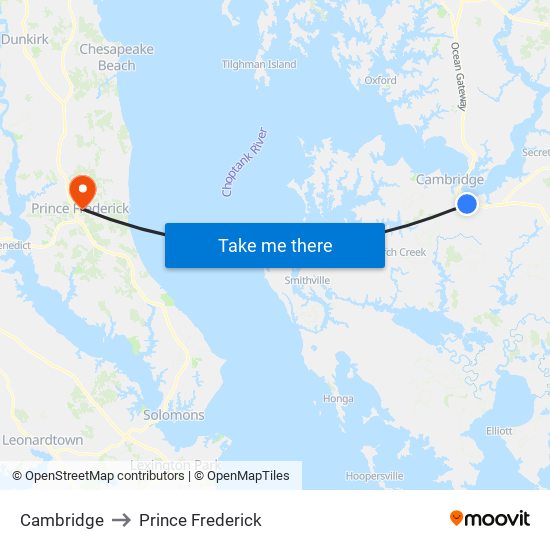 Cambridge to Prince Frederick map