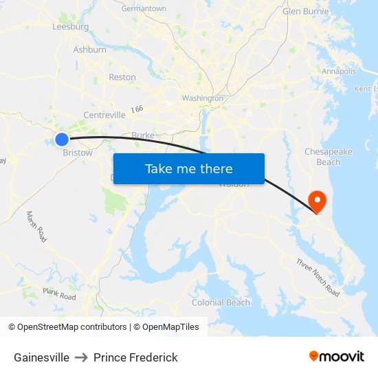 Gainesville to Prince Frederick map