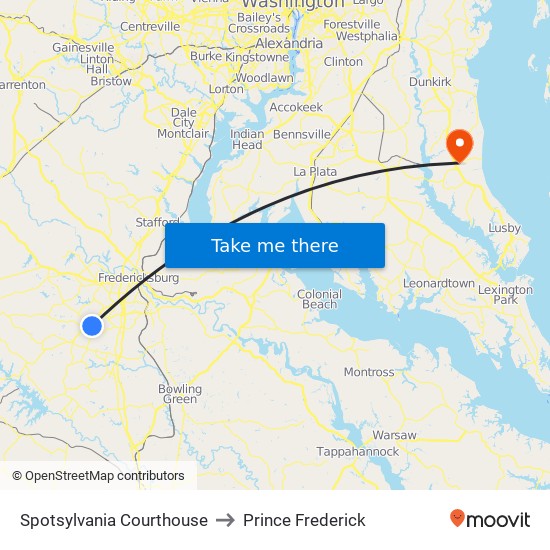 Spotsylvania Courthouse to Prince Frederick map