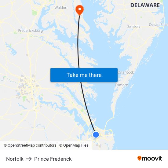 Norfolk to Prince Frederick map