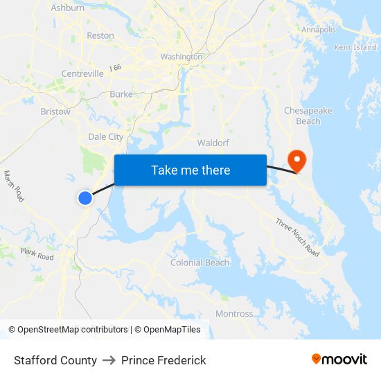 Stafford County to Prince Frederick map