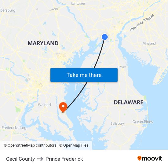 Cecil County to Prince Frederick map