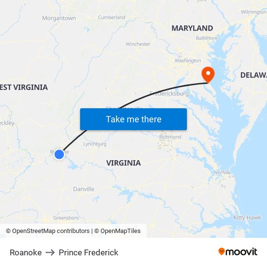 Roanoke to Prince Frederick map