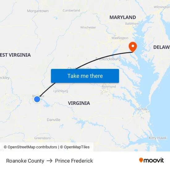 Roanoke County to Prince Frederick map