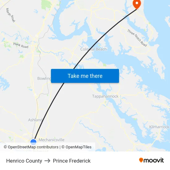 Henrico County to Prince Frederick map