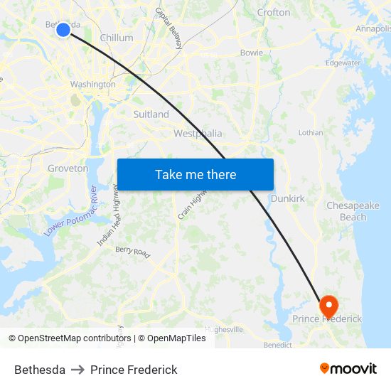 Bethesda to Prince Frederick map