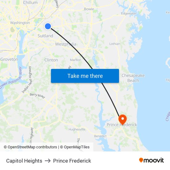 Capitol Heights to Prince Frederick map