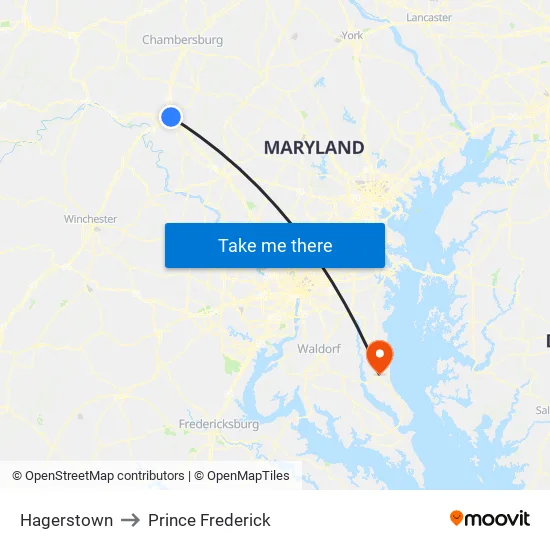 Hagerstown to Prince Frederick map