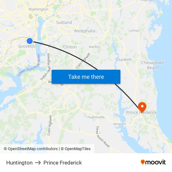 Huntington to Prince Frederick map