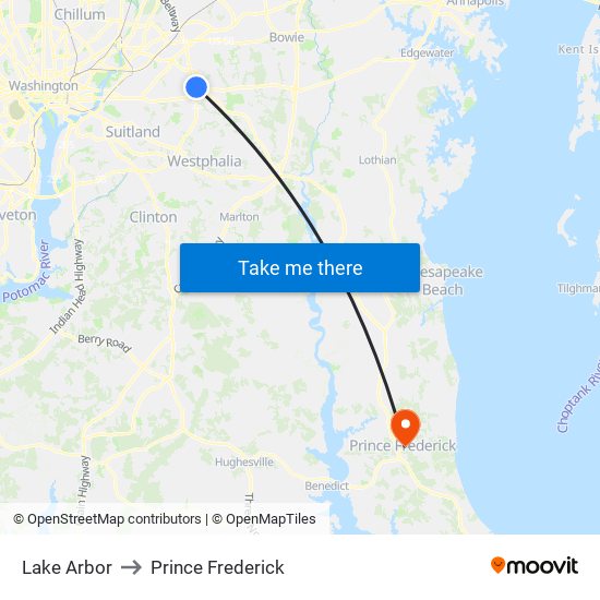 Lake Arbor to Prince Frederick map