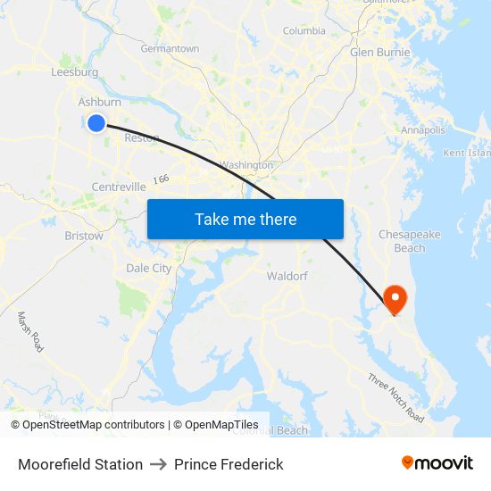 Moorefield Station to Prince Frederick map