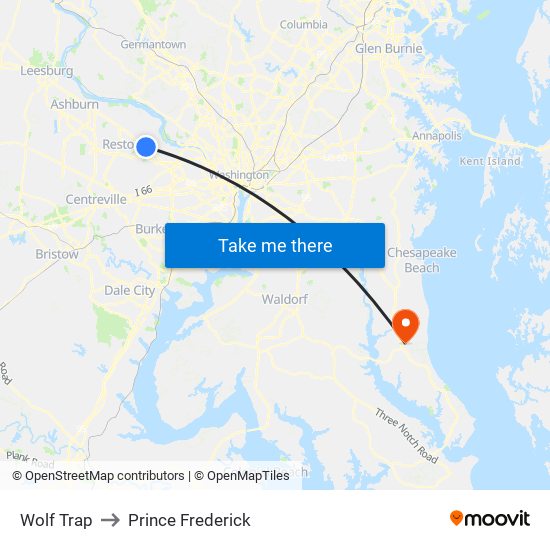 Wolf Trap to Prince Frederick map