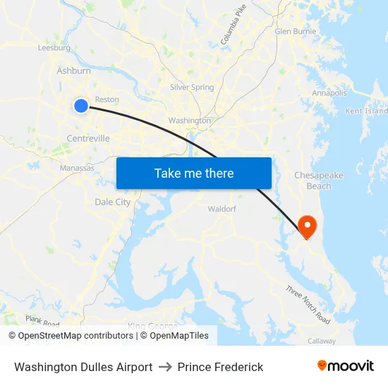 Washington Dulles Airport to Prince Frederick map