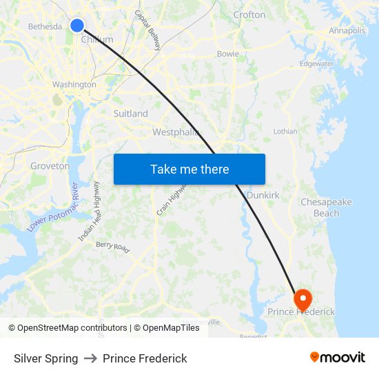 Silver Spring to Prince Frederick map