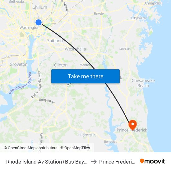 Rhode Island Av Station+Bus Bay D to Prince Frederick map