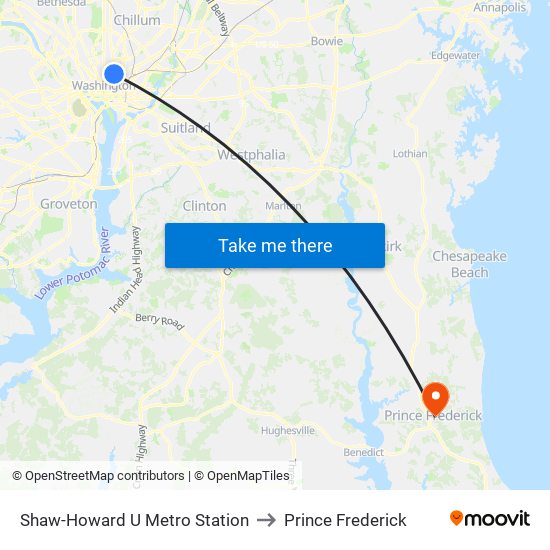 Shaw-Howard U Metro Station to Prince Frederick map