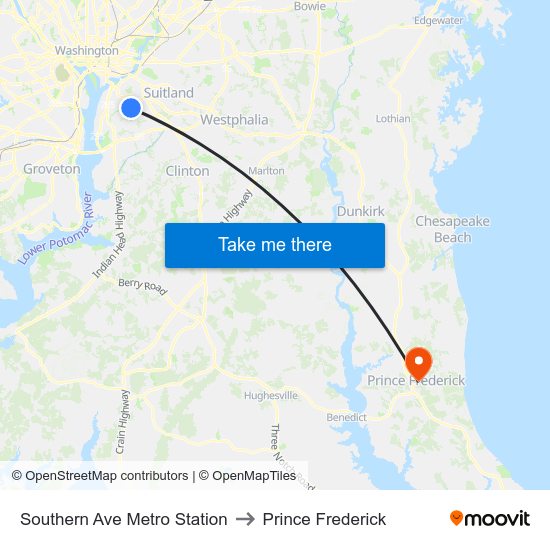 Southern Ave Metro Station to Prince Frederick map