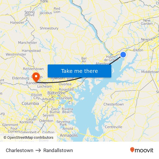 Charlestown to Randallstown map