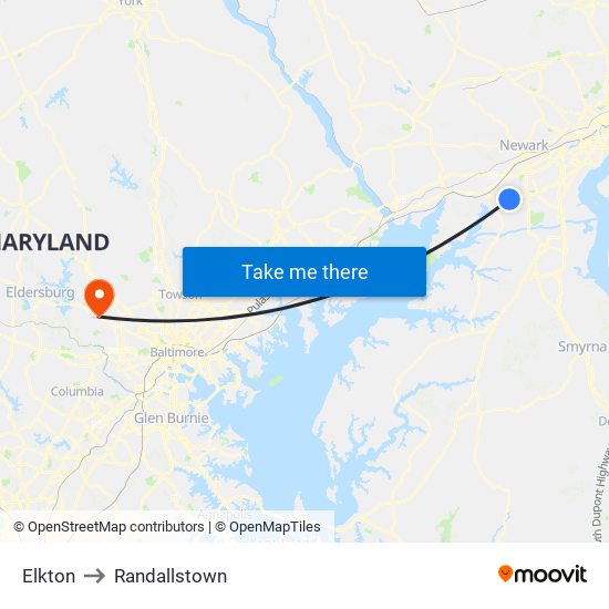 Elkton to Randallstown map