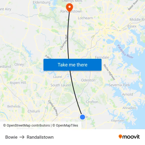 Bowie to Randallstown map