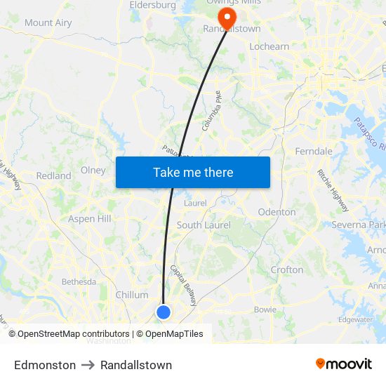 Edmonston to Randallstown map