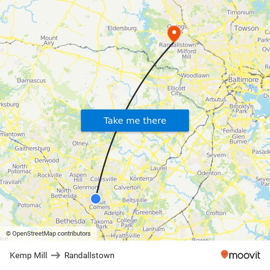 Kemp Mill to Randallstown map