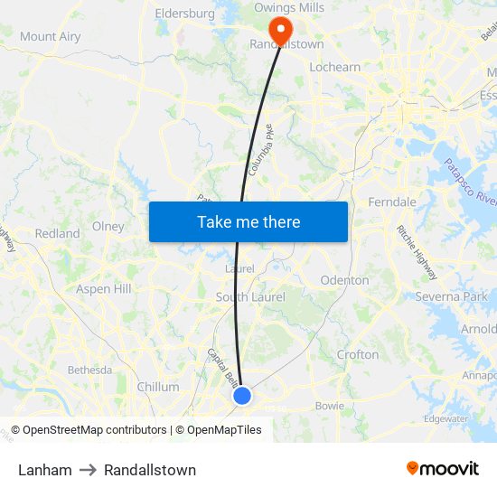 Lanham to Randallstown map