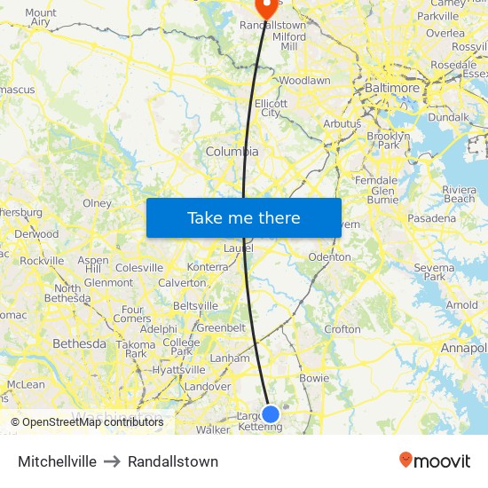 Mitchellville to Randallstown map