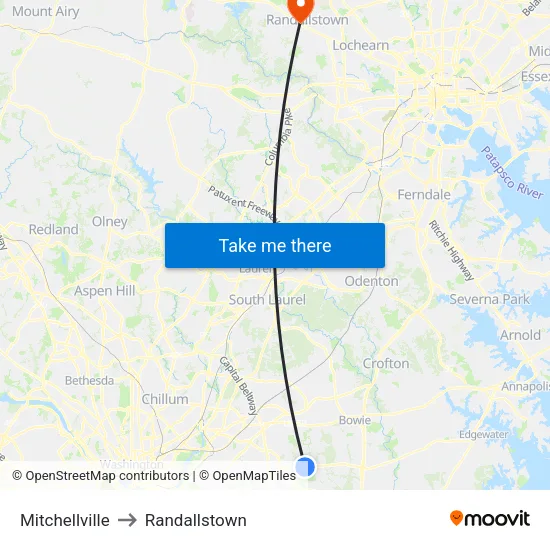 Mitchellville to Randallstown map