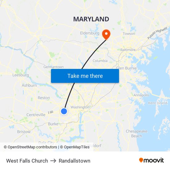 West Falls Church to Randallstown map