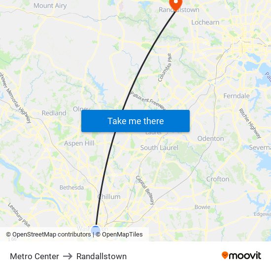 Metro Center to Randallstown map