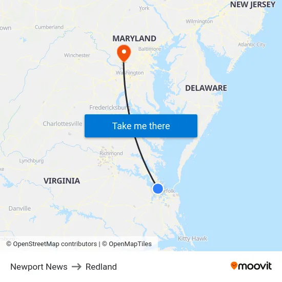 Newport News to Redland map