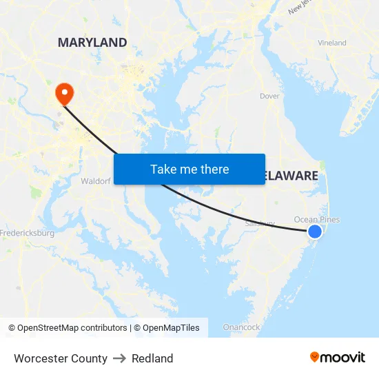 Worcester County to Redland map