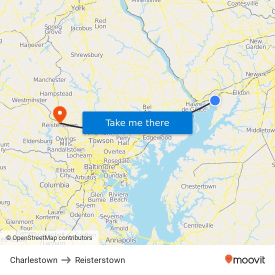 Charlestown to Reisterstown map