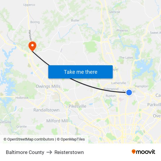 Baltimore County to Reisterstown map