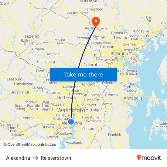 Alexandria to Reisterstown map