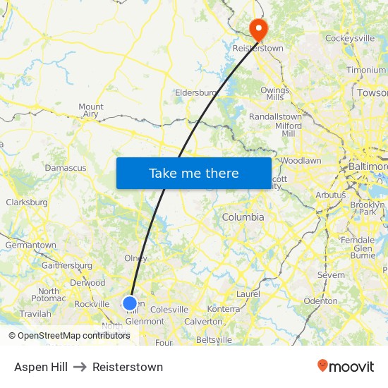 Aspen Hill to Reisterstown map