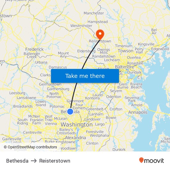 Bethesda to Reisterstown map