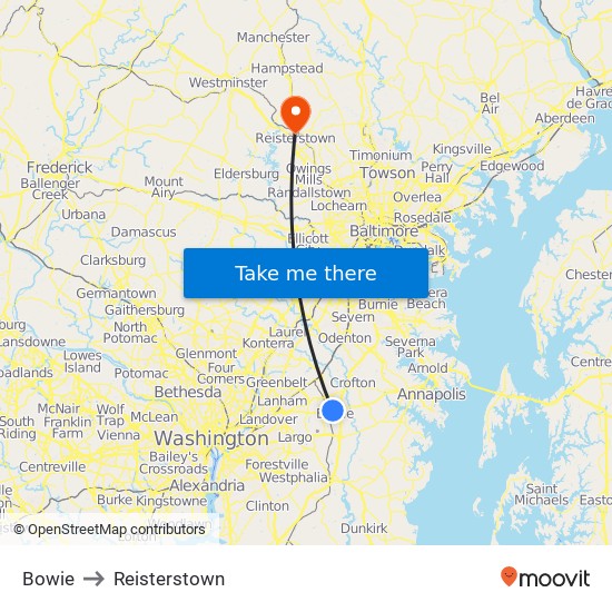 Bowie to Reisterstown map