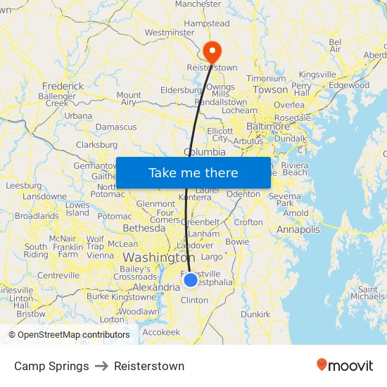 Camp Springs to Reisterstown map