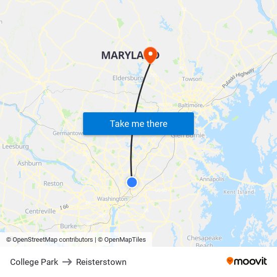 College Park to Reisterstown map