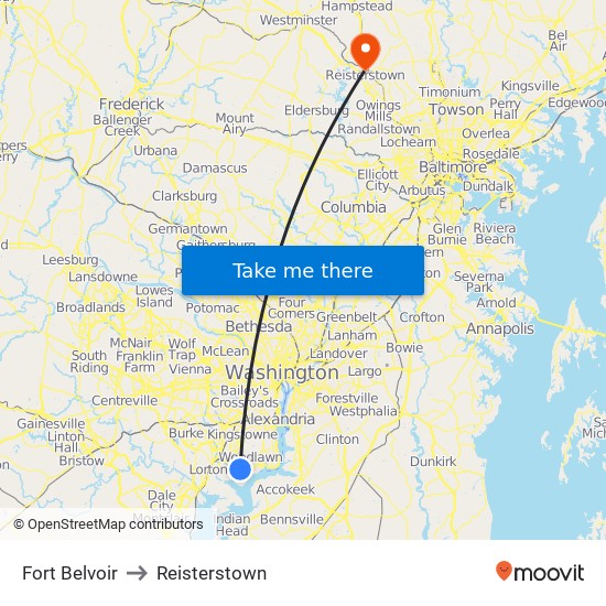 Fort Belvoir to Reisterstown map